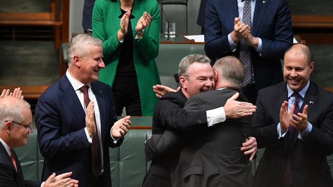 Anthony Albanese hugs Pyne after Pynce’s valedictory speech in the House of Representatives at Parliament House, in Canberra, Thursday, 4 April 2019. Photo Sam Mooy/ AAP.