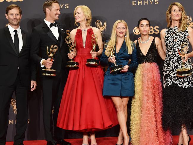 (L-R) Actors Jeffrey Nordling, Alexander Skarsgard, Nicole Kidman, Reese Witherspoon, Zoe Kravitz, and Laura Dern at the Emmys. Picture: Getty