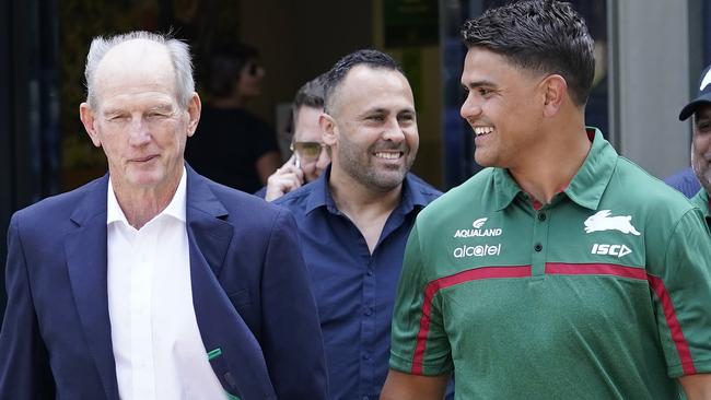 Coach Wayne Bennett with new signing Latrell Mitchell, who could be joined at the Rabbitohs this season by Jai Arrow. Picture: Getty Images