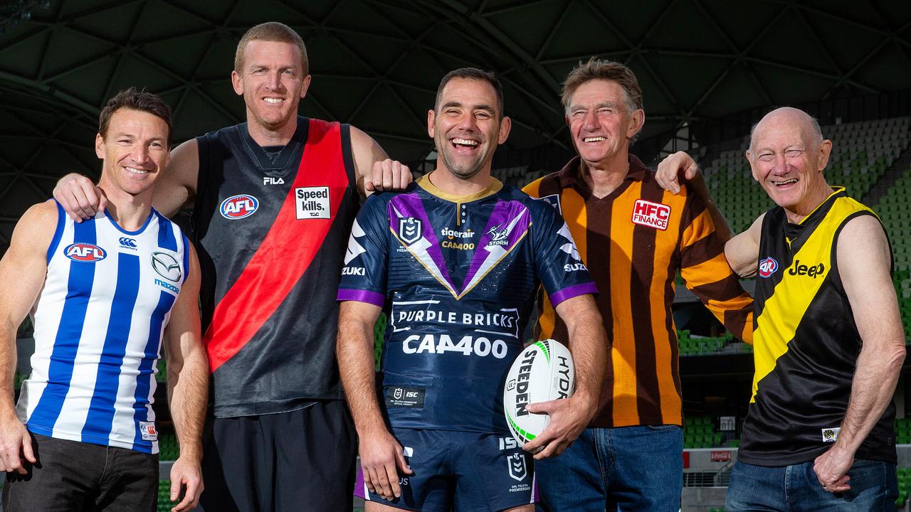 DO N OT USE BEFORE SAT 13 JULY 2019 *EXCLUSIVE SPEAK TO HERALD SUN PICTURE DESK BEFORE USING* NRL's Melbourne Storm star Cameron Smith will play his 400th game this weekend. He is joined by the AFL 400 Club, Brent Harvey, Dustin Fletcher, Michael Tuck and Kevin Bartlett. Picture: Mark Stewart