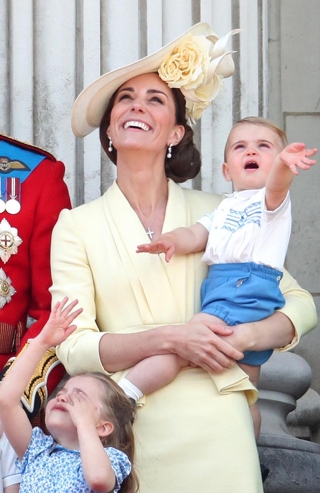 Princess Charlotte, Catherine, Duchess of Cambridge and Prince Louis during Trooping The Colour, the Queen's annual birthday parade. Picture: Getty