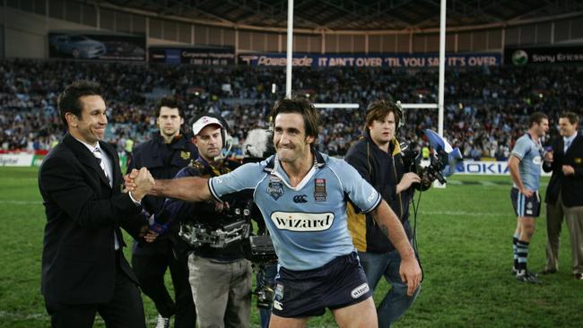 Matty congratulates Joey after an Origin win. Picture: Mark Evans