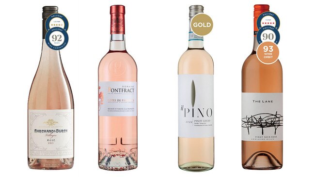 Marchand &amp; Burch Villages Rose 2021, left, Domaine de Pontfract Rose 2021, Il Pino Pinot Grigio Rosato 2022 and The Lane Adelaide Hills Pinot Rose 2021