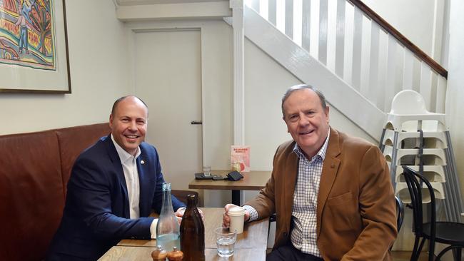 Josh Frydenberg having pre-budget coffee with Peter Costello in Hawthorn on a Sunday morning. Picture: Nicki Connolly