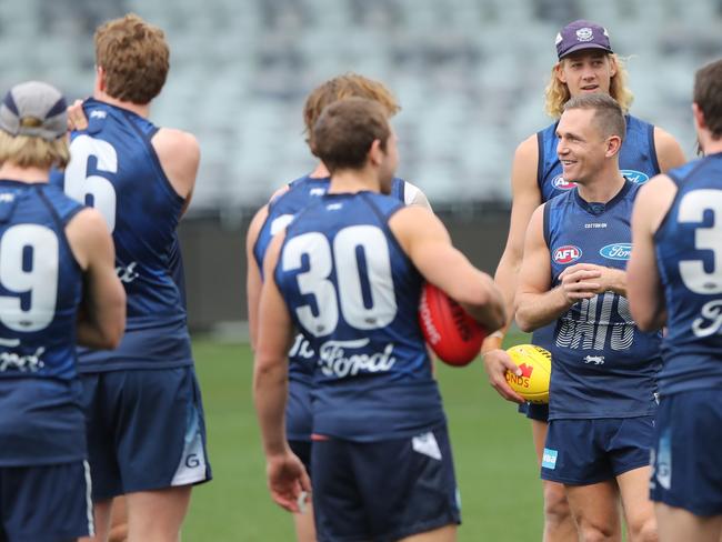 Skipper Joel Selwood has a laugh at training. Geelong Cats AFL training. Picture: Alan Barber