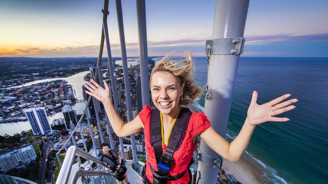 Shayla Jay, 21 from Beaudesert gets a birds eye view over Surfers Paradise on the Skypoint Picture: NIGEL HALLETT.