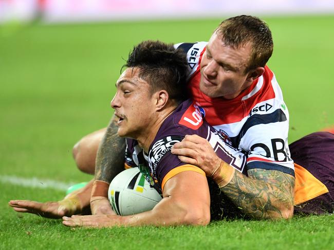 Broncos debutant Kotoni Staggs scores a try on debut. Picture: AAP