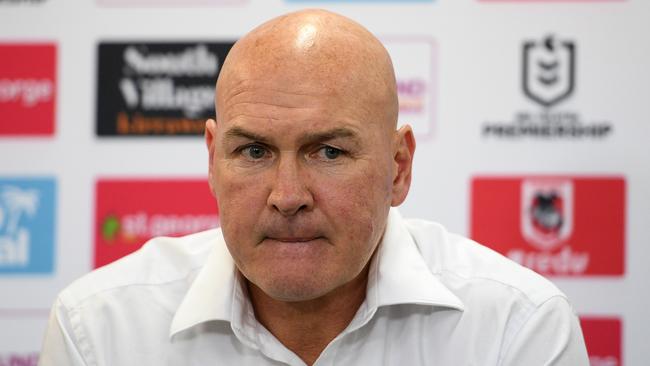 Dragons coach Paul McGregor speaks during a press conference following the Round 23 NRL match between the St George Illawarra Dragons and the Sydney Roosters at Jubilee Stadium in Sydney, Saturday, August 24, 2019. (AAP Image/Dan Himbrechts) NO ARCHIVING, EDITORIAL USE ONLY