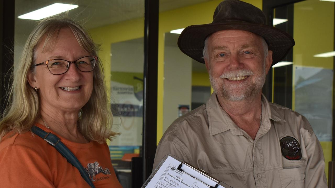 Rick and Julie Brake at the Mackay Covid-19 vaccination hub at the CQ University city campus. Picture: Lillian Watkins