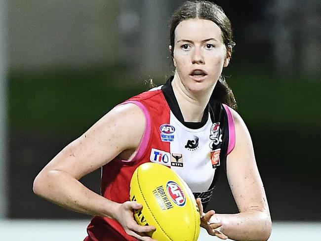 Southern Districts' 11-goal hero Grace Mulvahil heads for the goals. Picture: Felicity Elliott / AFLNT Media