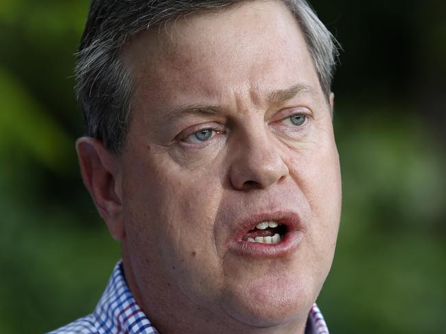 Queensland LNP leader Tim Nicholls speaks to the accompanying media during a stop in Glass House mountains, Sunshine Coast, Sunday, November 5, 2017. Mr Nicholls, announced LNP's energy plan that will save a family an average of $160 a year over two years today while touring the state as part of the 2017 Queensland election campaign. (AAP Image/Regi Varghese) NO ARCHIVING