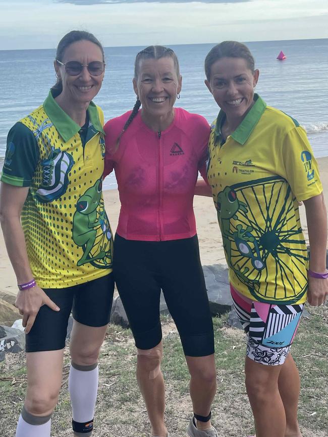 Stefanie Hohmann, Sally-Anne Balharry and Debra at the Hervey Bay 100 Triathlon on Sunday, November 26, 2023.