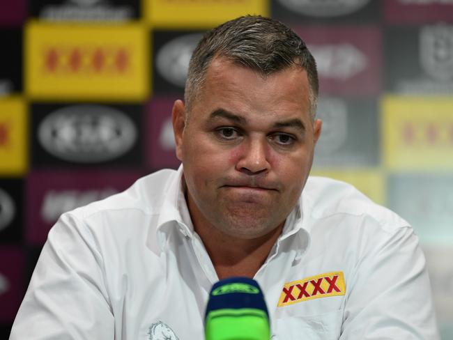 Broncos coach Anthony Seibold reacts during a post match press conference after losing the Round 7 NRL match between the Brisbane Broncos and the Gold Coast Titans at Suncorp Stadium in Brisbane, Saturday, June 27, 2020. (AAP Image/Dan Peled) NO ARCHIVING, EDITORIAL USE ONLY