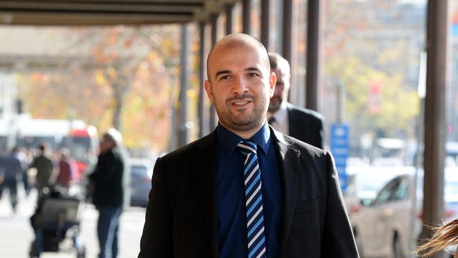 Former lawyer Anthony Perre and son of NCA bombing suspect Domenic Perre outside court in 2017. Picture: Greg Higgs