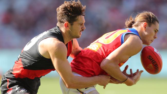 Brisbane star forward Eric Hipwood was well-held by the Essendon defence. Picture: Alex Coppel 