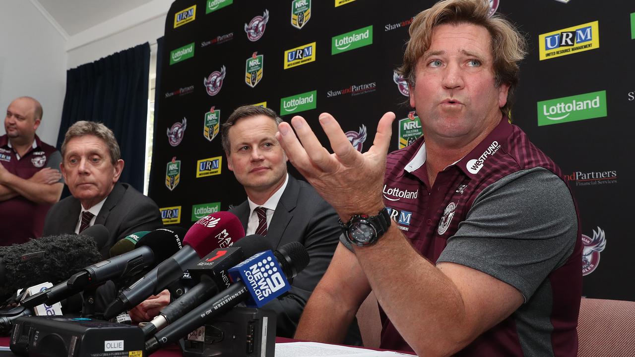 Former CEO Lyall Gorman, Manly owner and chairman Scott Penn, and departing coach Des Hasler. Picture: Brett Costello