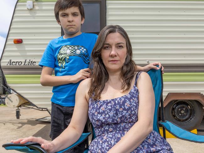 Alison Jones with her son Luke, 9 at their caravan in SA. Picture: Ben Clark