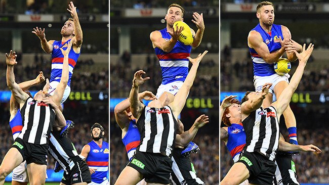 Hayden Crozier's spectacular mark against Collingwood. Pictures: Getty