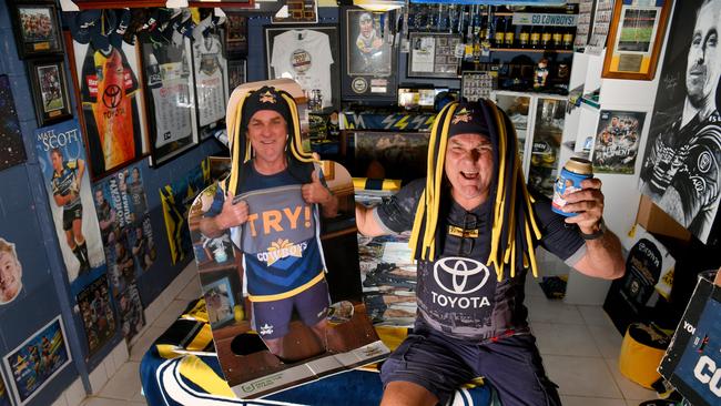 Darryl Serrurier at his Cowboys man cave at his Kirwan home. Picture: Evan Morgan