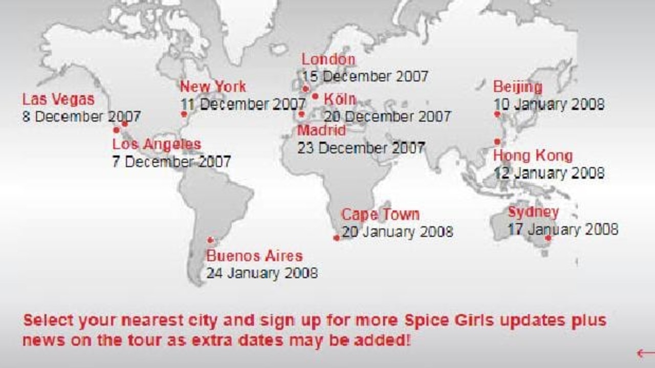 The initial announcement of the Spice Girls 2007/08 reunion tour included a lot of dates they never played — Sydney among them.