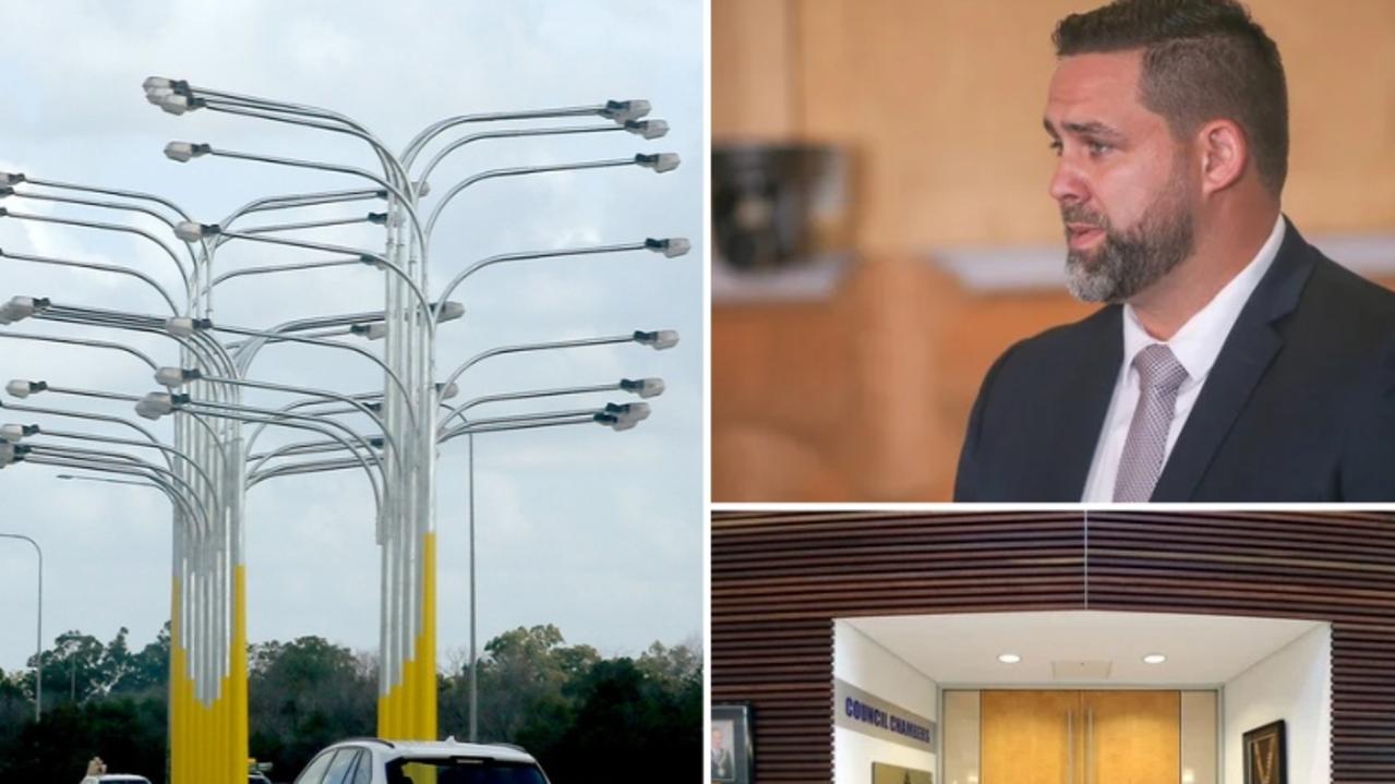 Gold Coast City Councillors to first discuss behind closed doors the future of the Yatala lights on the M1. The Pacific Motorway art work is in Councillor Mark Hammel's (pictured right) division.