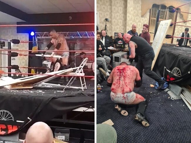 The shocking scene at the "death match". Photo: Facebook, Graham.Hobbs.908. CCW Colliery Championship Wrestling - https://www.facebook.com/photo/?fbid=680751083197724&set=g.554109108617294