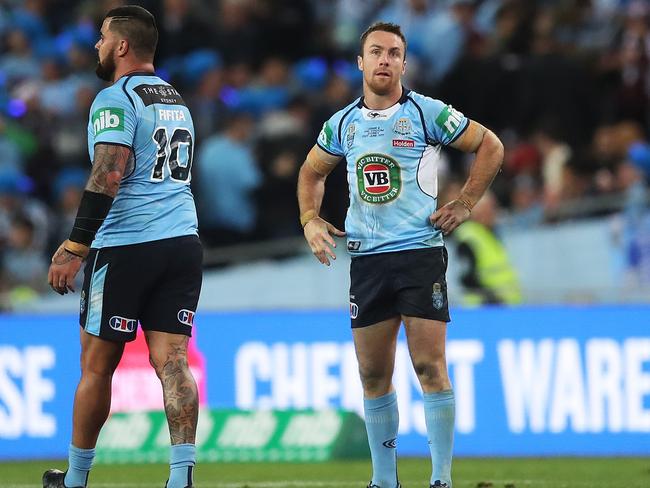 Dejected NSW Blues Andrew Fifita and James Maloney after their Origin II loss. Picture. Phil Hillyard