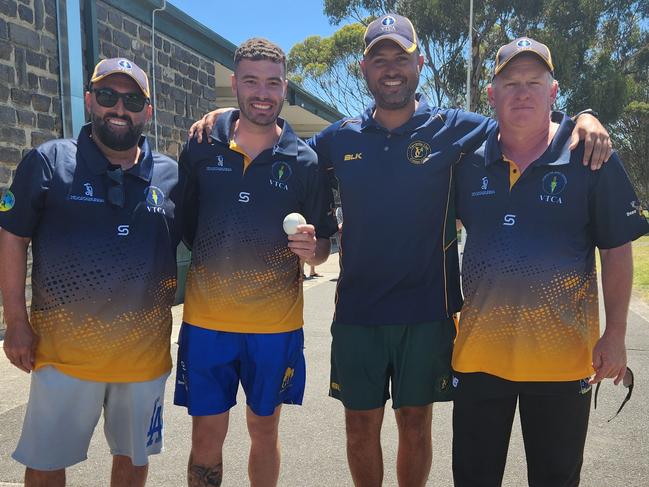 VTCA coaches Mick Andriadis and Duncan Harrison with man-of-the-match Sam Crea and captain Mitch Johnstone.