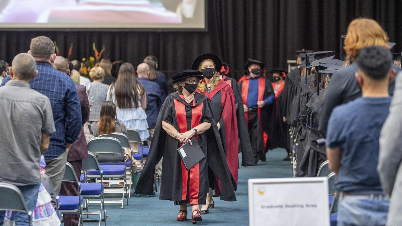 The academic procession leaves the stage at the USQ Graduation on Wednesday, April 14 2021. Picture: Nev Madsen.