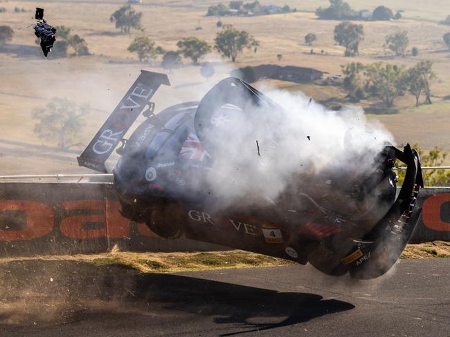 BATHURST, AUSTRALIA - FEBRUARY 02: Stephen Grove driver of the #4 Grove Racing Mercedes-AMG GT3 crashes during the Bathurst 12 Hour at Mount Panorama on February 02, 2025 in Bathurst, Australia. (Photo by Daniel Kalisz/Getty Images)