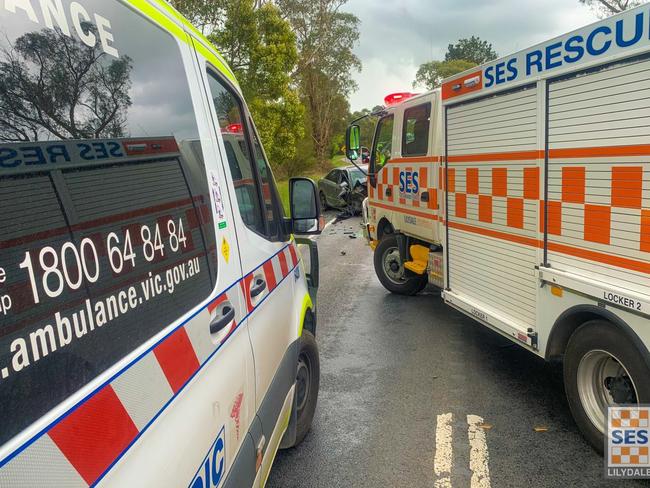 Emergency services were called to the collision on Healesville-Koo Wee Rup Rd about 11.20am Monday, with Ambulance Victoria paramedics treating a Toolangi woman, 50, at the scene. Picture: Lilydale SES