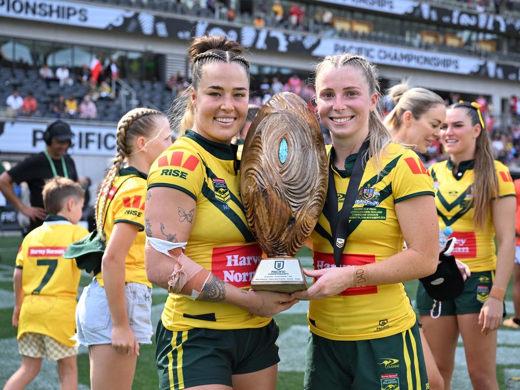 Tarryn Aiken (right) has capped off a stellar premiership-winning 2024 season with the golden boot. Picture: NRL Imagery