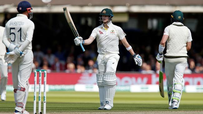 Steve Smith celebrates his half-century during play on the fourth day of the second Ashes Test. Picture: AFP