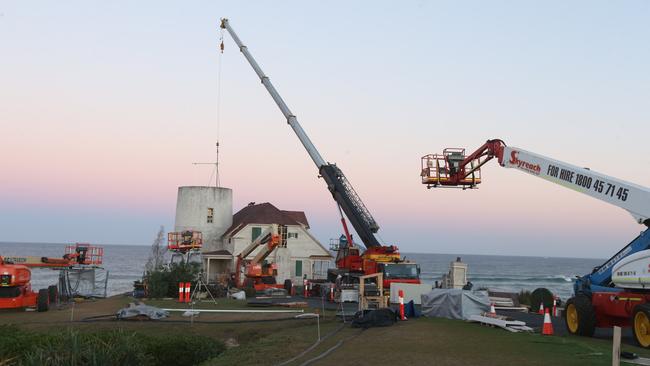 Cranes were used to light the Aquaman movie set at Hastings Point for filming last night. Picture Mike Batterham.