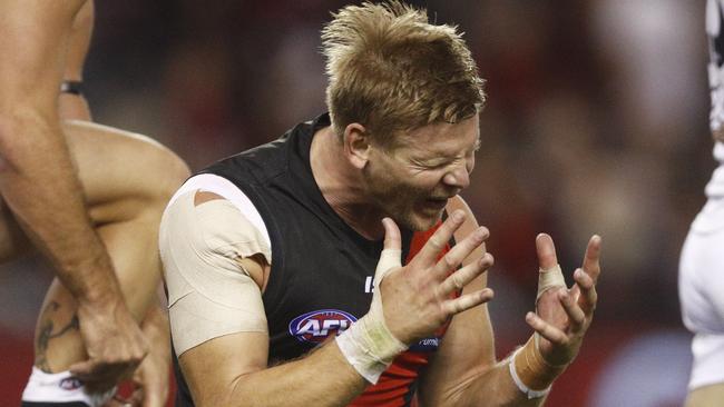 Essendon defender Michael Hurley shows his frustration during the Bombers’ loss. Picture: AAP