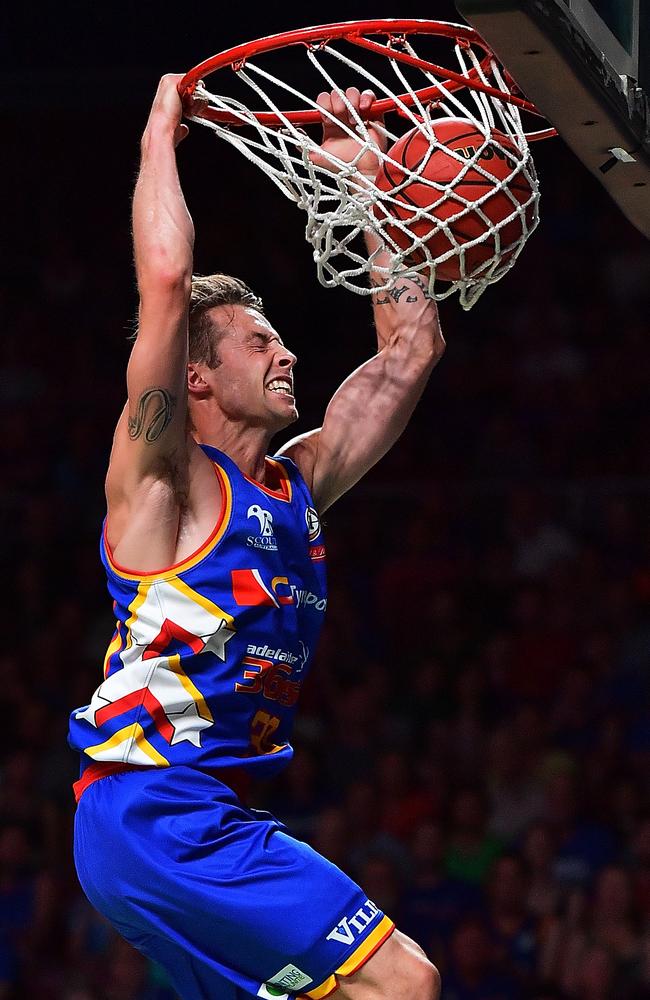 BAM! Adelaide 36ers star Nathan Sobey throws down a dunk against Melbourne United. Picture: Daniel Kalisz (Getty Images)