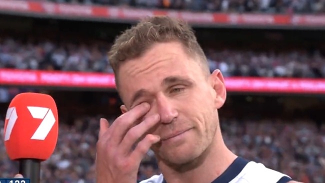 Joel Selwood was emotional after the win. Photo: Channel 7