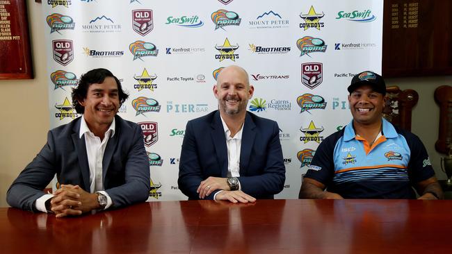 NRL legend Johnathan Thurston and North Queensland Cowboys CEO Jeff Reibel with Northern Pride Coach Ty Williams in Cairns. PICTURE: STEWART McLEAN