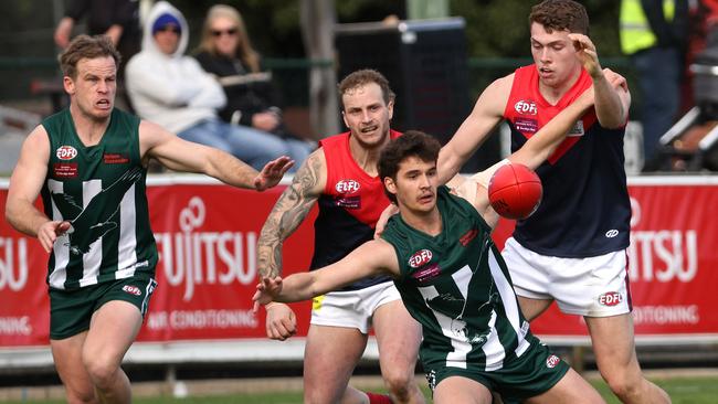 EDFL: Airport West’s Luke Sultana tries to protect the ball. Picture: Hamish Blair