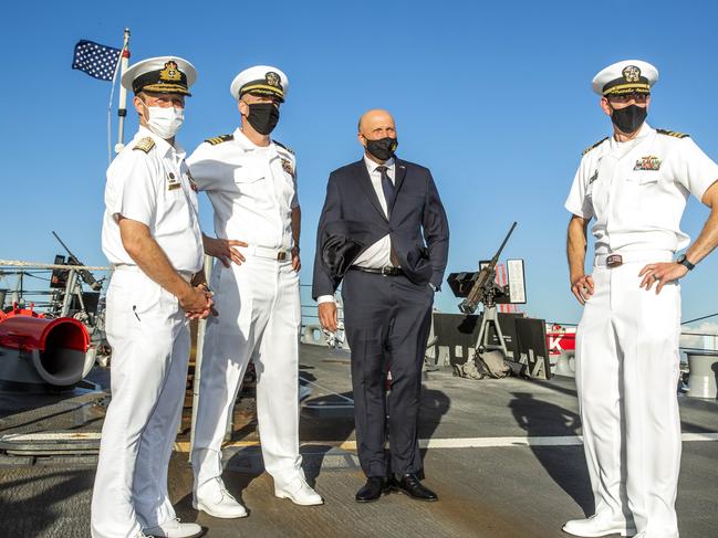 Minister for Defence Peter Dutton on board US Navy destroyer USS Sampson docked in Brisbane, Friday, February 11, 2022 - Picture: Richard Walker