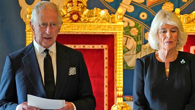 King Charles III, flanked by Camilla, makes a speech after receiving a message of condolence following the death of his mother Queen Elizabeth II, at Hillsborough Castle in Belfast. Picture: Niall Carson/Pool/AFP