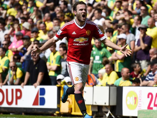 NORWICH, ENGLAND - MAY 07:  Juan Mata of Manchester United celebrates scoring his team's first goal during the Barclays Premier League match between Norwich City and Manchester United at Carrow Road on May 7, 2016 in Norwich, England.  (Photo by Mike Hewitt/Getty Images)