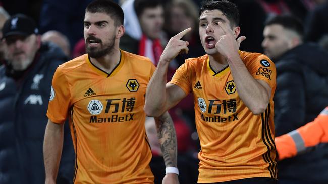 Wolverhampton midfielder Pedro Neto, right, after his goal was disallowed by VAR