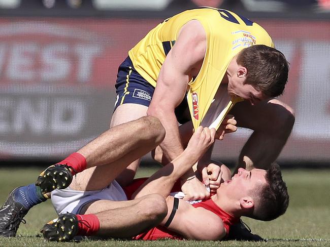 16/09/18 - SANFL - Preliminary Final - Eagles v North Adelaide at the Adelaide Oval. Tempers flare between.  Louis Sharrad and Connor Rozee Picture SARAH REED