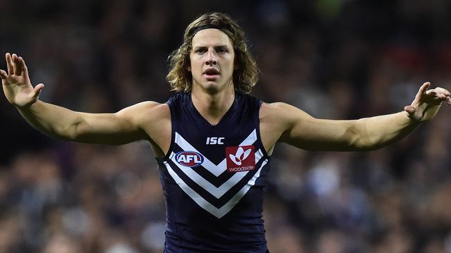 Nat Fyfe stands on the mark against the Hawthorn Hawks during the first preliminary final of the AFL at Subiaco Oval. Picture: AAP Image/Julian Smith