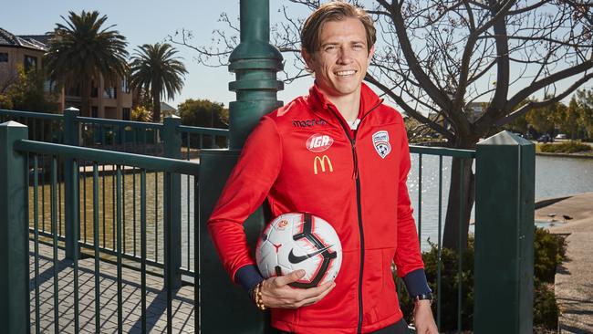 Craig Goodwin back in Adelaide at Mawson Lakes after returning from the Netherlands. Picture: MATT LOXTON