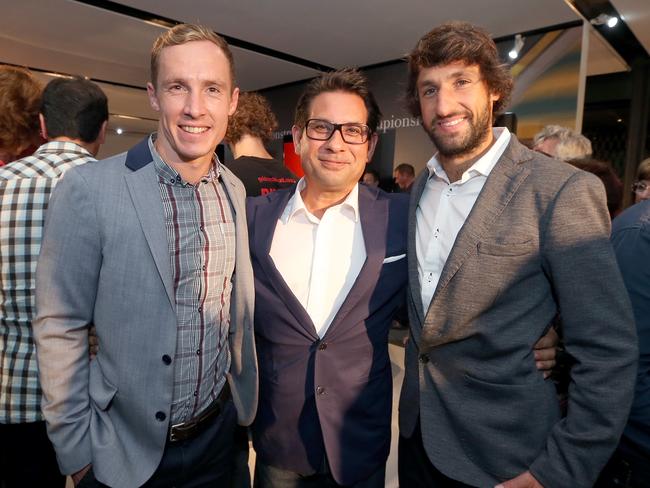 Chris Fong (centre), pictured with Brisbane Roar greats Matt Smith (left) and Thomas Broich. has stepped up become the A-League club’s chairman. Picture: Stephen Archer