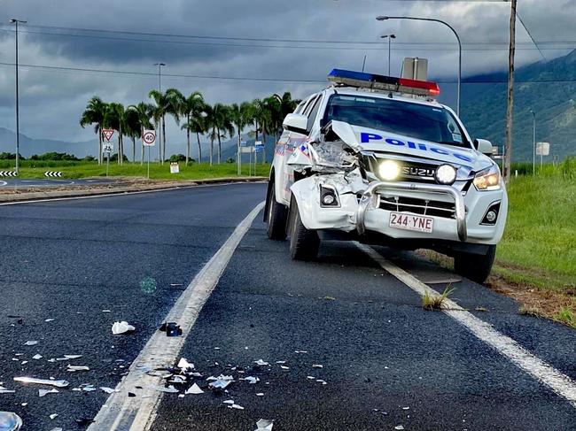 A police car alledgley rammed by the armed man early this morning.  Picture: PETER MARTINELLI