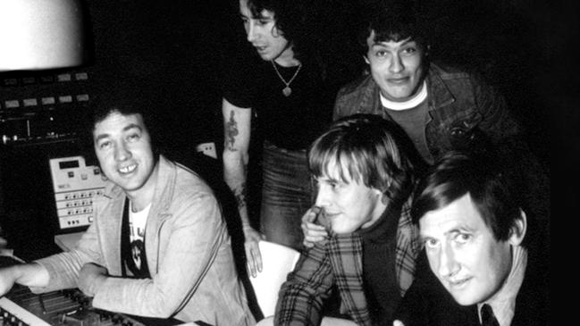 Bon Scott, Angus Young, George Young, Harry Vanda and Ted Albert in Albert Studio 1, King Street, Sydney. Picture: Supplied