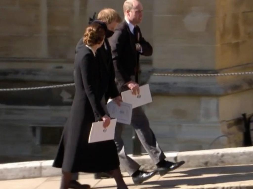 Kate walking with Harry and William after the funeral. Picture: Channel 7